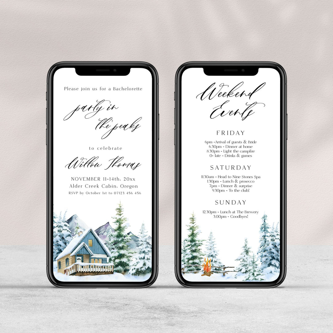 Fully editable mountain cabin mobile invitation with a mountain design. Perfect for a snowy cabin mountain bachelorette party