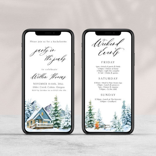 Fully editable mountain cabin mobile invitation with a mountain design. Perfect for a snowy cabin mountain bachelorette party