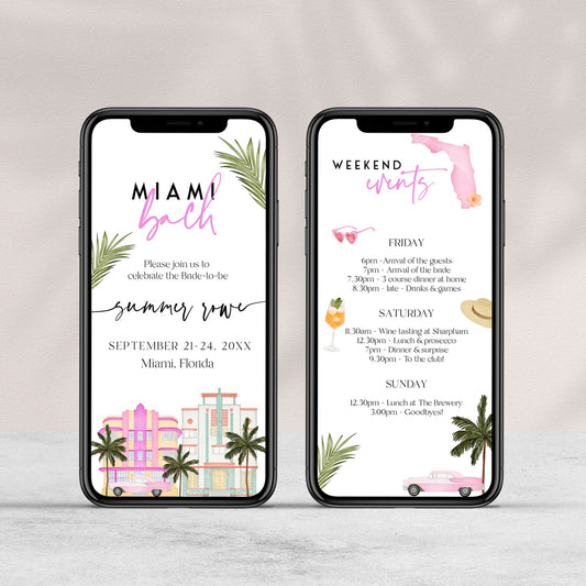 Fully editable and printable mobile bachelorette invitation with a miami design. Perfect for a miami, Bachelorette themed party