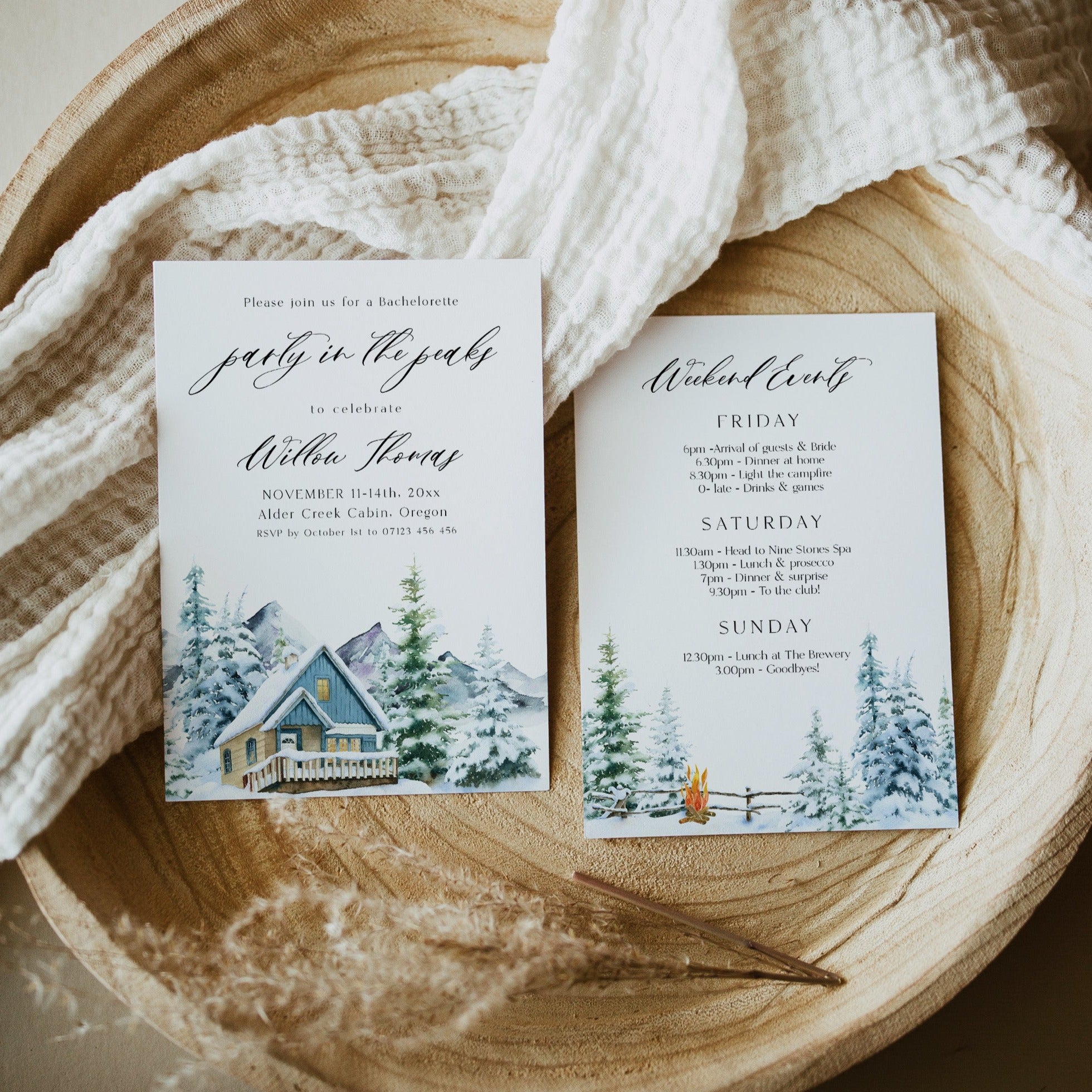 Fully editable and printable mountain cabin invitation with a mountain design. Perfect for a snowy cabin mountain bridal shower