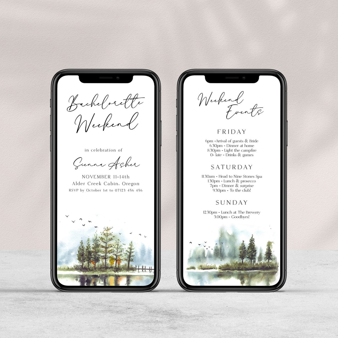 Fully editable mountain cabin mobile invitation with a mountain design. Perfect for a snowy cabin mountain bachelorette party