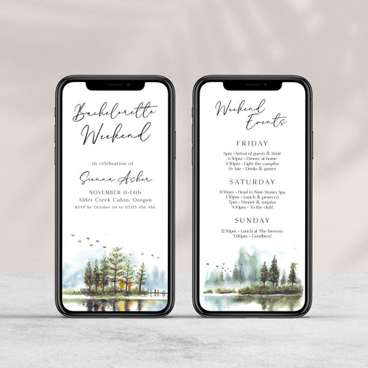 Fully editable mountain cabin mobile invitation with a mountain design. Perfect for a snowy cabin mountain bachelorette party