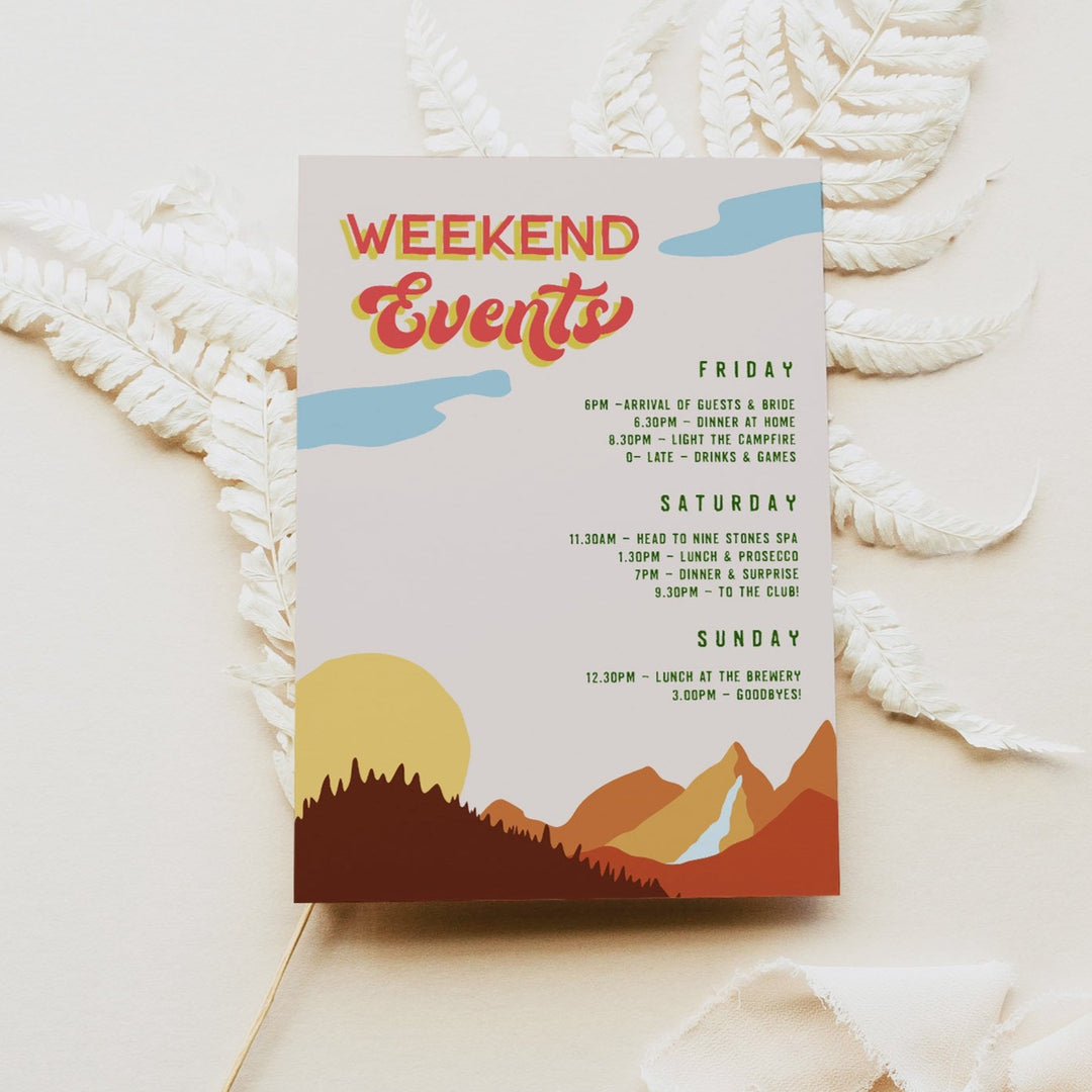 Fully editable and printable retro bachelorette invitation with a pine cabin design. Perfect for a cabin adventure Bachelorette themed party