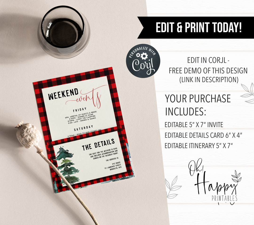 Fully editable and printable bachelorette invitation with a flannel design. Perfect for a woodland flannel Bachelorette themed party