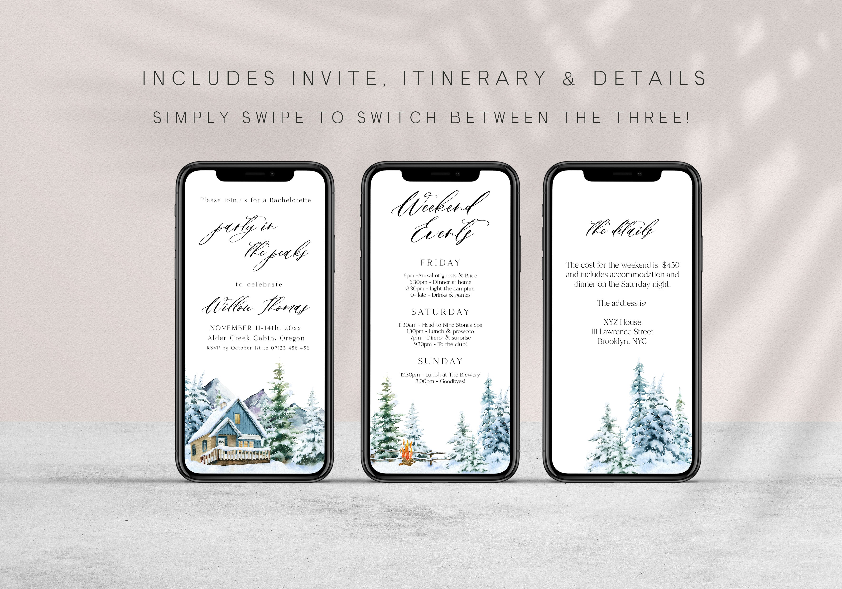 Fully editable mountain cabin mobile invitation with a mountain design. Perfect for a snowy cabin mountain bachelorette party