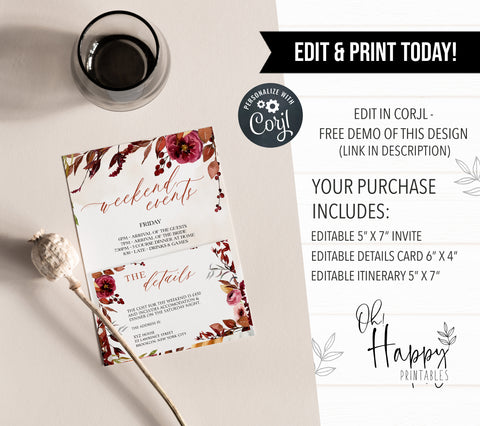 Fully editable and printable hen party invitation with a Fall design. Perfect for a fall floral bridal shower