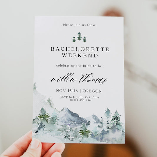 Fully editable and printable mountain cabin invitation with a mountain design. Perfect for a snowy cabin mountain bridal shower