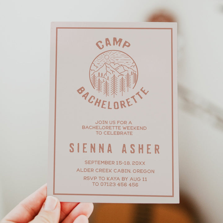 Fully editable and printable bachelorette invitations with a pine cabin design. Perfect for a cabin adventure Bachelorette themed party