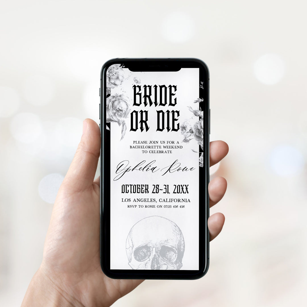 Fully editable and printable bridal and bachelorette invitation with a gothic design. Perfect for a Bride or Die or Death Us To Party bridal shower themed party