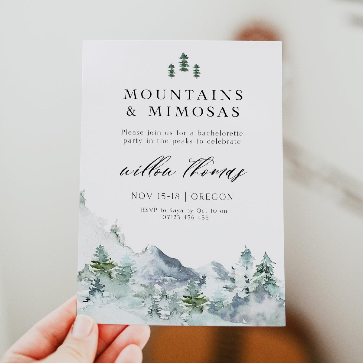 Fully editable and printable mountains & mimosa invitation with a mountain design. Perfect for a snowy cabin mountain bridal shower