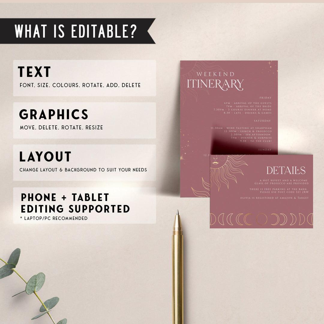 Fully editable and printable bachelorette weekend invitation with a celestial design. Perfect for a celestial bridal shower themed party