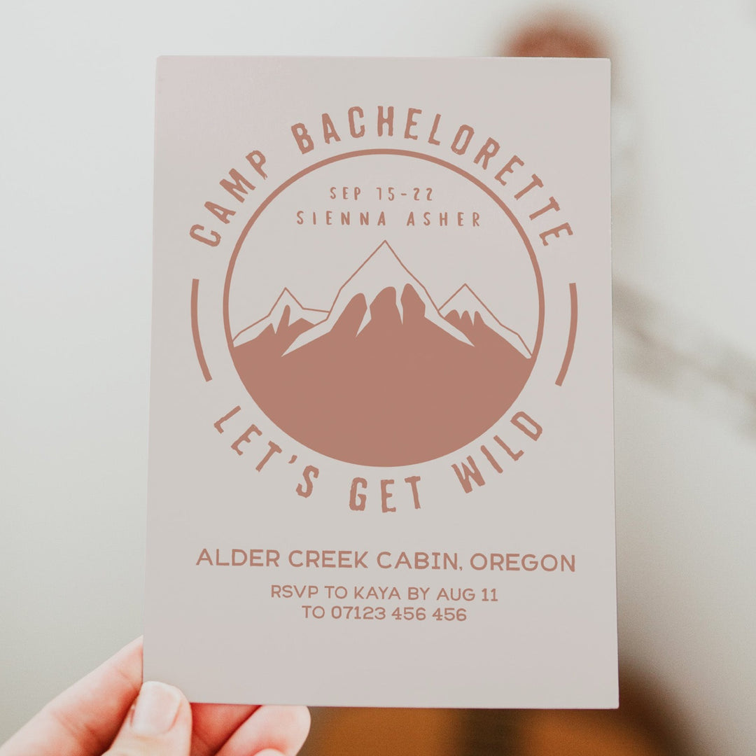Fully editable and printable bachelorette invitations with a pine cabin design. Perfect for a cabin adventure Bachelorette themed party