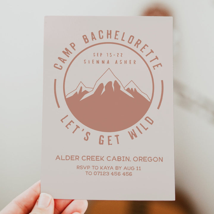 Fully editable and printable bachelorette invitations with a pine cabin design. Perfect for a cabin adventure Bachelorette themed party