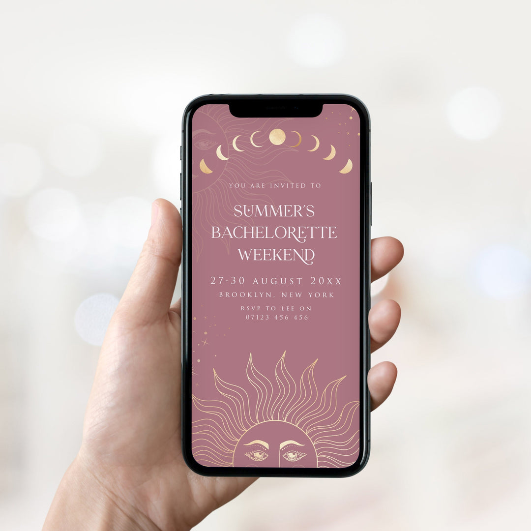 Fully editable and printable bachelorette mobile invitation with a celestial design. Perfect for a celestial bridal shower themed party