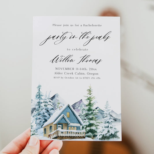 Fully editable and printable mountain cabin invitation with a mountain design. Perfect for a snowy cabin mountain bridal shower