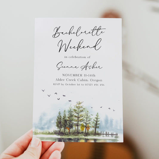 Fully editable and printable mountain cabin invitation with a mountain design. Perfect for a snowy cabin mountain bridal shower