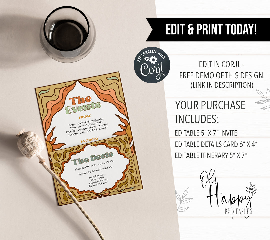 60s Gypsy Boho-inspired editable bachelorette weekend invitation is the perfect way to add a touch of free-spirited charm to your special day