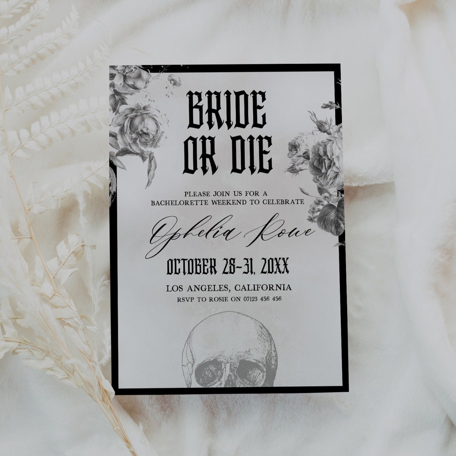 Fully editable and printable bridal shower and bachelorette invitation with a gothic design. Perfect for a Bride or Die or Death Us To Party bridal shower themed party