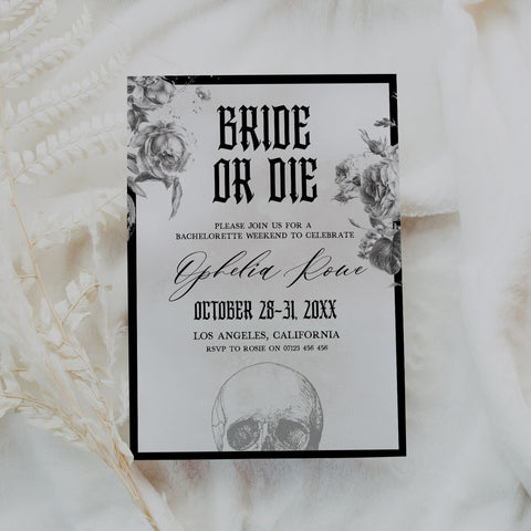 Fully editable and printable bridal shower and bachelorette invitation with a gothic design. Perfect for a Bride or Die or Death Us To Party bridal shower themed party