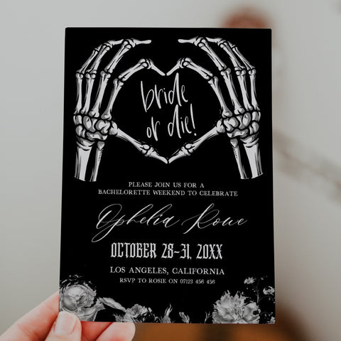 Fully editable and printable bridal and bachelorette invitation with a gothic design. Perfect for a Bride or Die or Death Us To Party bridal shower themed party