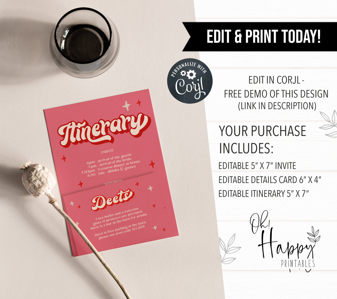editable 70s bachelorette weekend invitation. Fully editable and printable bachelorette invitation with a 70s style
