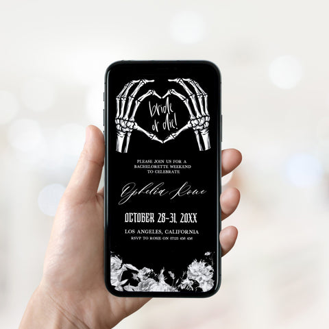 Fully editable bridal and bachelorette mobile invitation with a gothic design. Perfect for a Bride or Die or Death Us To Party bridal shower themed party