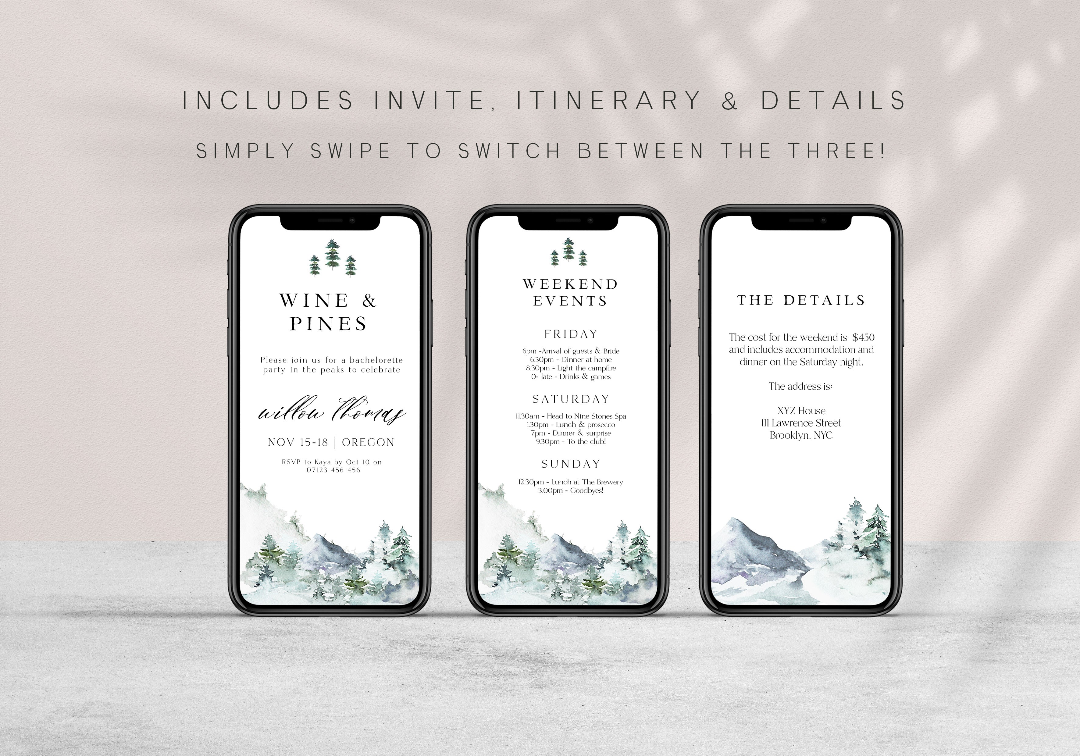 Fully editable mountain cabin mobile invitation with a mountain design. Perfect for a snowy cabin mountain bachelorette party