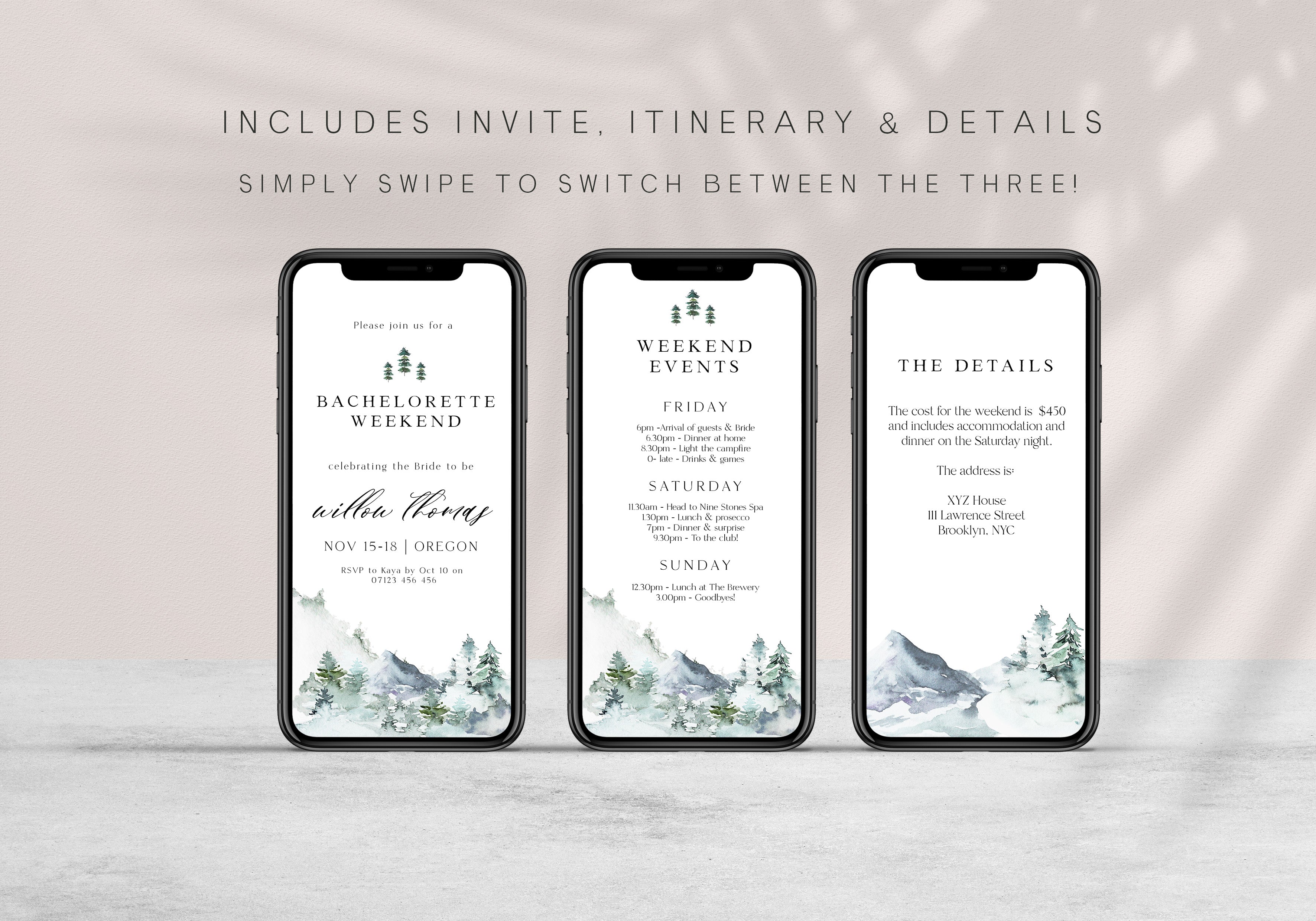 Fully editable mountain cabin mobile invitation with a mountain design. Perfect for a snowy cabin mountain bachelorette party