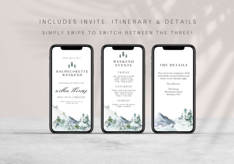 Fully editable mountain cabin mobile invitation with a mountain design. Perfect for a snowy cabin mountain bachelorette party