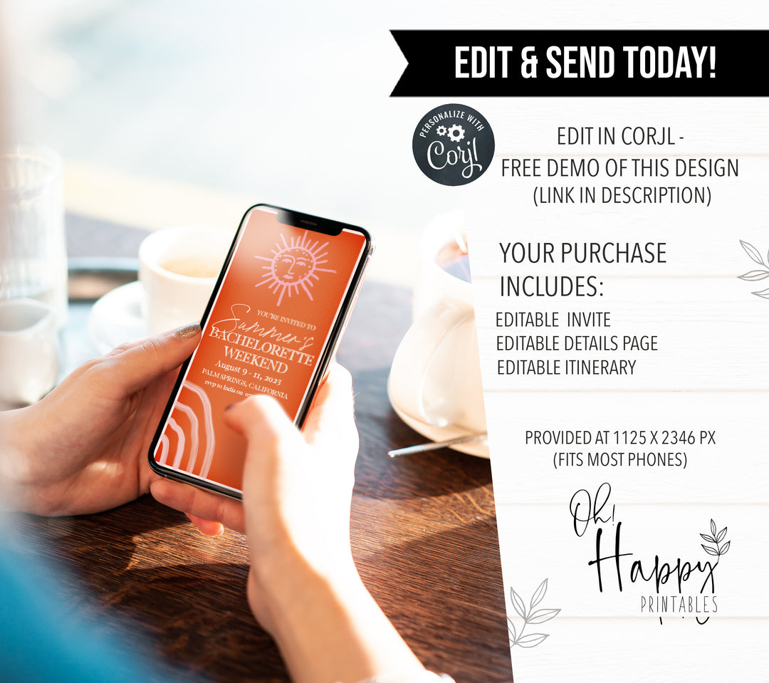 Fully editable and printable bachelorette weekend mobile invitation with a Palm Springs design. Perfect for a Palm Springs bridal shower themed party
