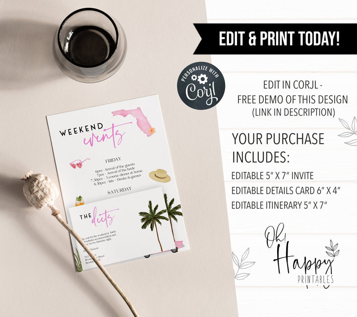 Fully editable and printable bachelorette weekend invitation with a miami design. Perfect for a miami, Bachelorette themed party