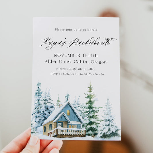 Fully editable and printable mountain cabin invitation with a mountain design. Perfect for a snowy cabin mountain bridal shower