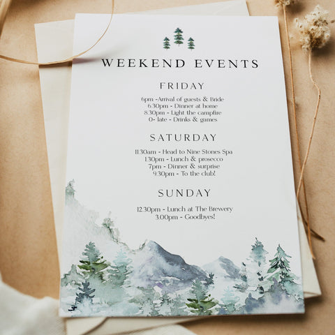 Fully editable and printable wine and pines invitation with a mountain design. Perfect for a snowy cabin mountain bridal shower