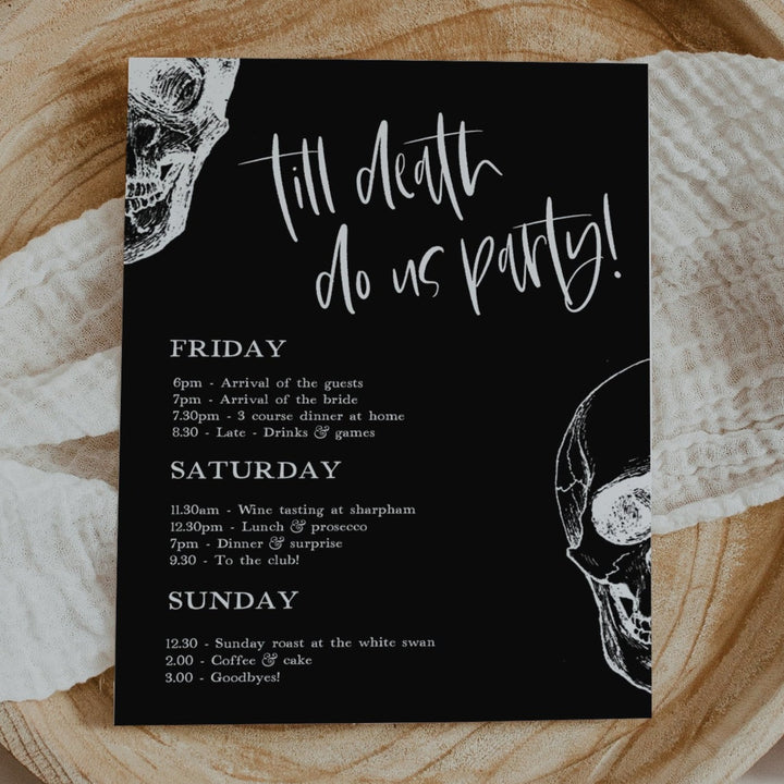 Fully editable and printable bridal and bachelorette invitation with a gothic design. Perfect for a Bride or Die or Death Us To Party bridal shower themed party