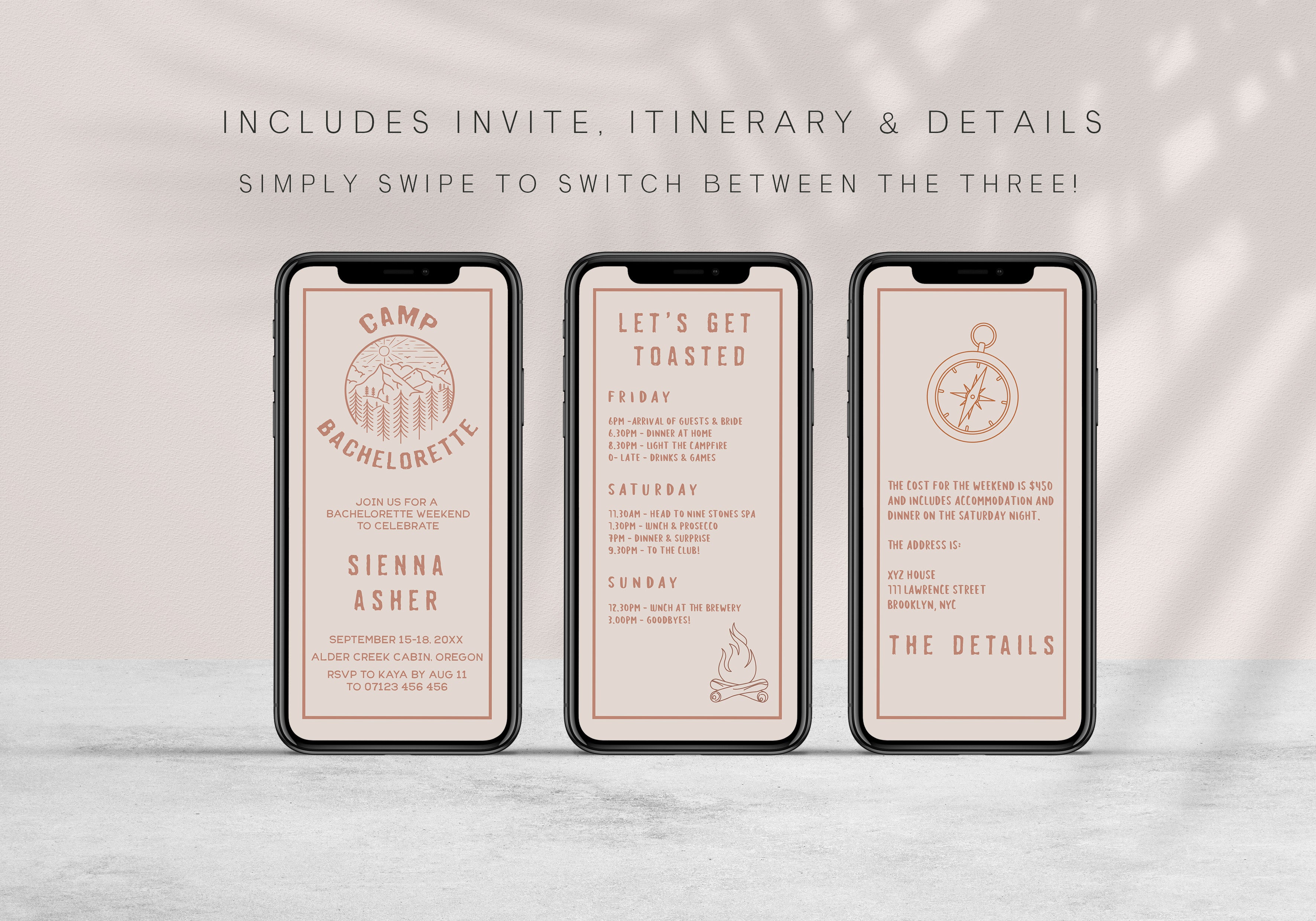 Fully editable bachelorette mobile invitation with a pine cabin design. Perfect for a cabin adventure Bachelorette themed party