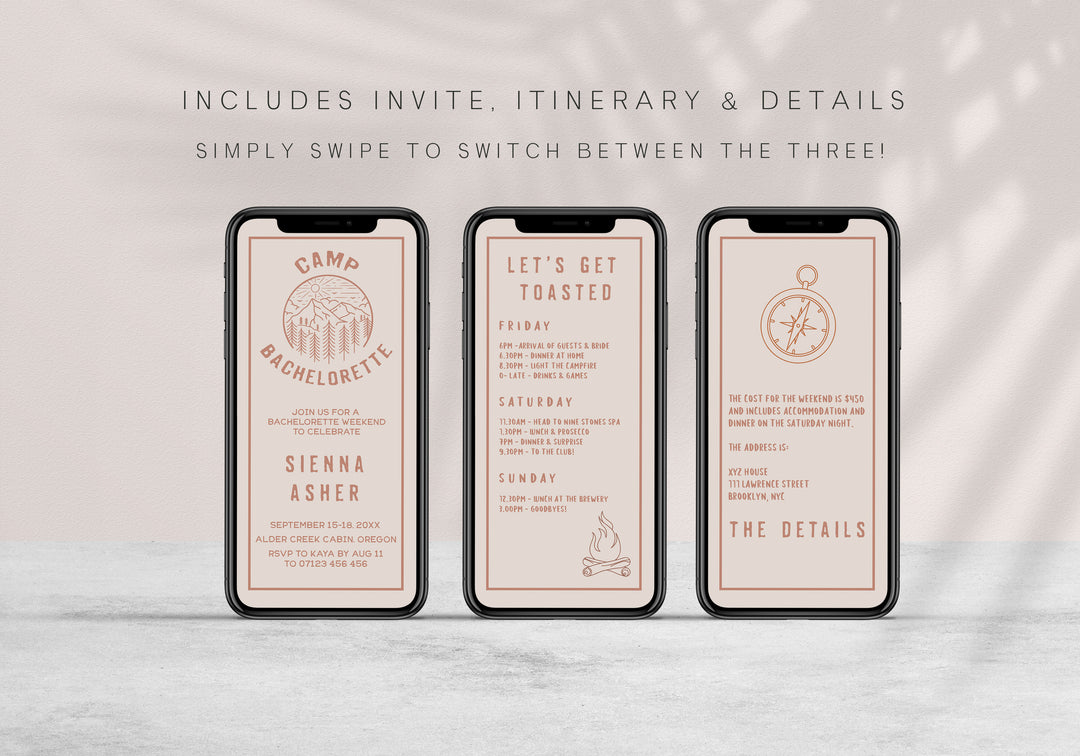 Fully editable bachelorette mobile invitation with a pine cabin design. Perfect for a cabin adventure Bachelorette themed party