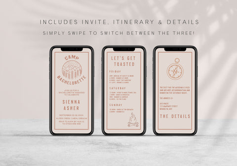 Fully editable bachelorette mobile invitation with a pine cabin design. Perfect for a cabin adventure Bachelorette themed party