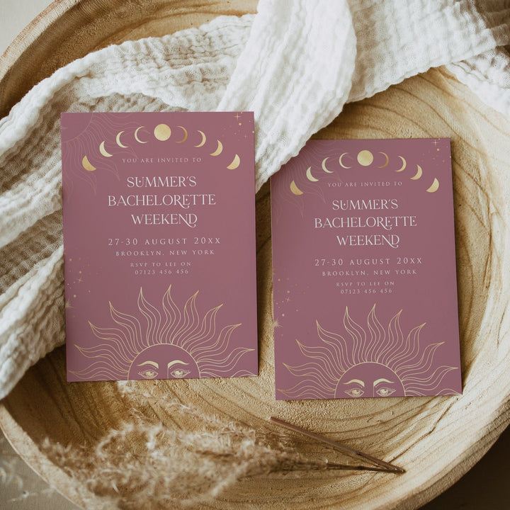 Fully editable and printable bachelorette weekend invitation with a celestial design. Perfect for a celestial bridal shower themed party