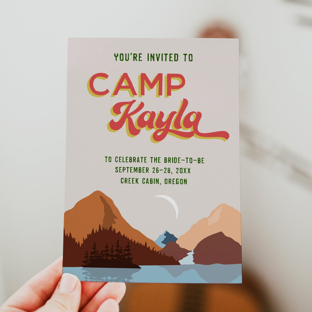Fully editable and printable retro bachelorette invitation with a pine cabin design. Perfect for a cabin adventure Bachelorette themed party