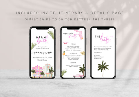 Fully editable and printable mobile bachelorette invitation with a miami design. Perfect for a miami, Bachelorette themed party