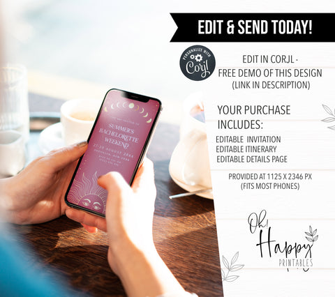 Fully editable and printable bachelorette mobile invitation with a celestial design. Perfect for a celestial bridal shower themed party