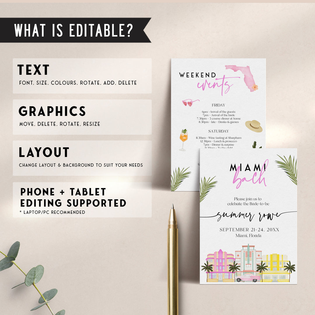 Fully editable and printable bachelorette weekend invitation with a miami design. Perfect for a miami, Bachelorette themed party