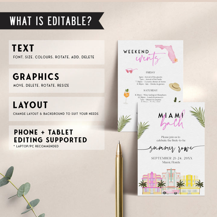 Fully editable and printable bachelorette weekend invitation with a miami design. Perfect for a miami, Bachelorette themed party