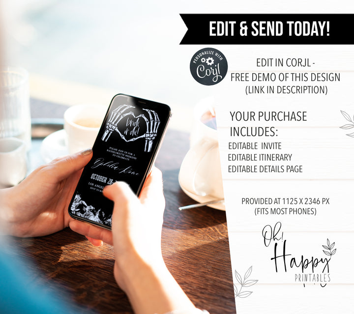 Fully editable bridal and bachelorette mobile invitation with a gothic design. Perfect for a Bride or Die or Death Us To Party bridal shower themed party