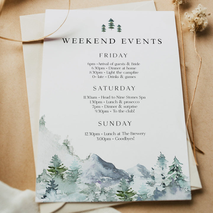 Fully editable and printable mountain cabin invitation with a mountain design. Perfect for a snowy cabin mountain bridal shower