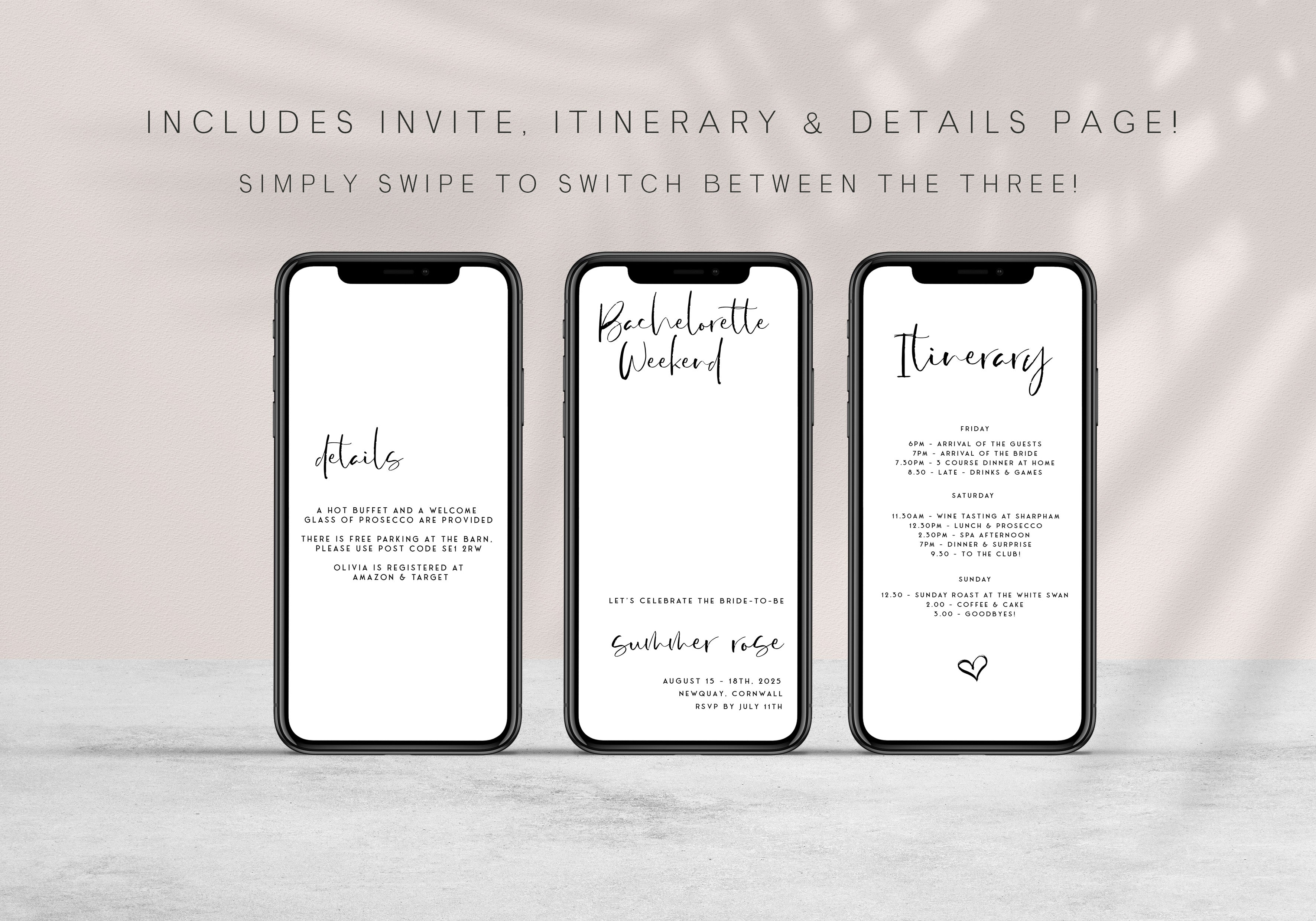 Fully editable bachelorette weekend mobile invitation with a modern minimalist design. Perfect for a modern simple bridal shower themed party