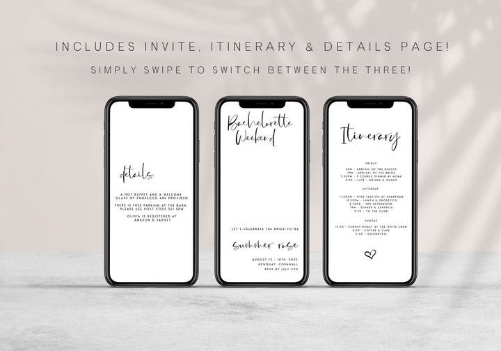 Fully editable bachelorette weekend mobile invitation with a modern minimalist design. Perfect for a modern simple bridal shower themed party