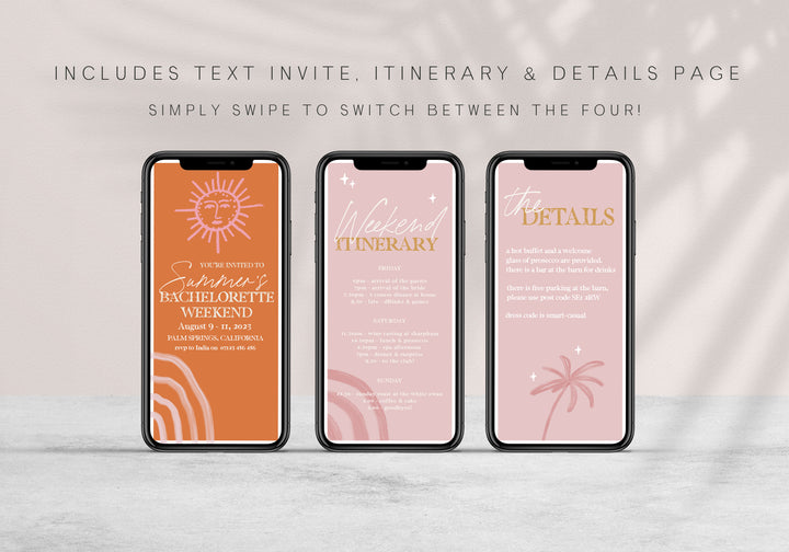 Fully editable and printable bachelorette weekend mobile invitation with a Palm Springs design. Perfect for a Palm Springs bridal shower themed party