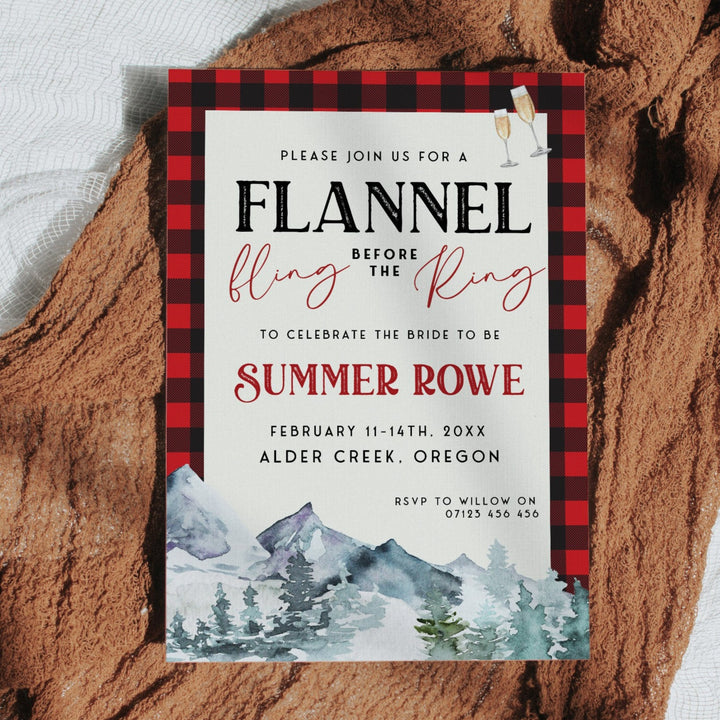 Fully editable and printable bachelorette invitation with a flannel design. Perfect for a woodland flannel Bachelorette themed party