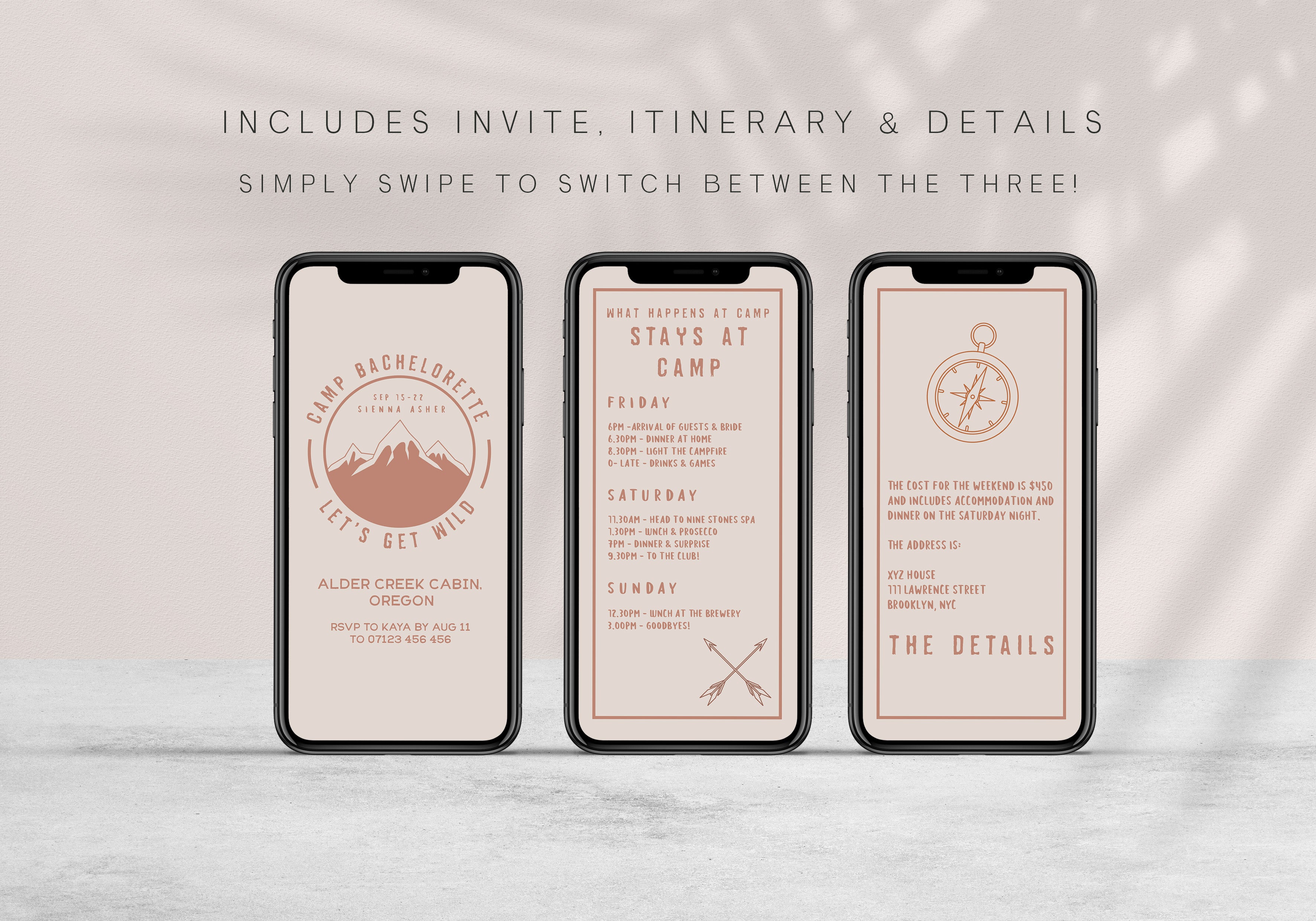 Fully editable bachelorette mobile invitation with a pine cabin design. Perfect for a cabin adventure Bachelorette themed party